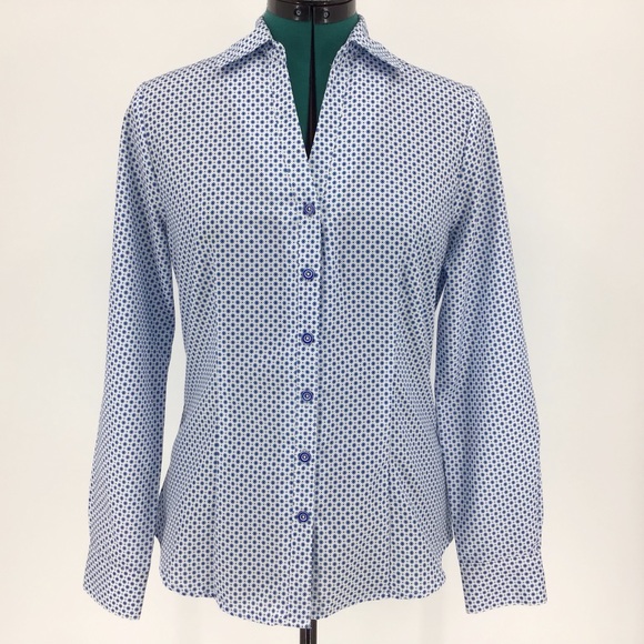 Haggar V-Neck Blue & White Button-Up Blouse, Small - Picture 1 of 14